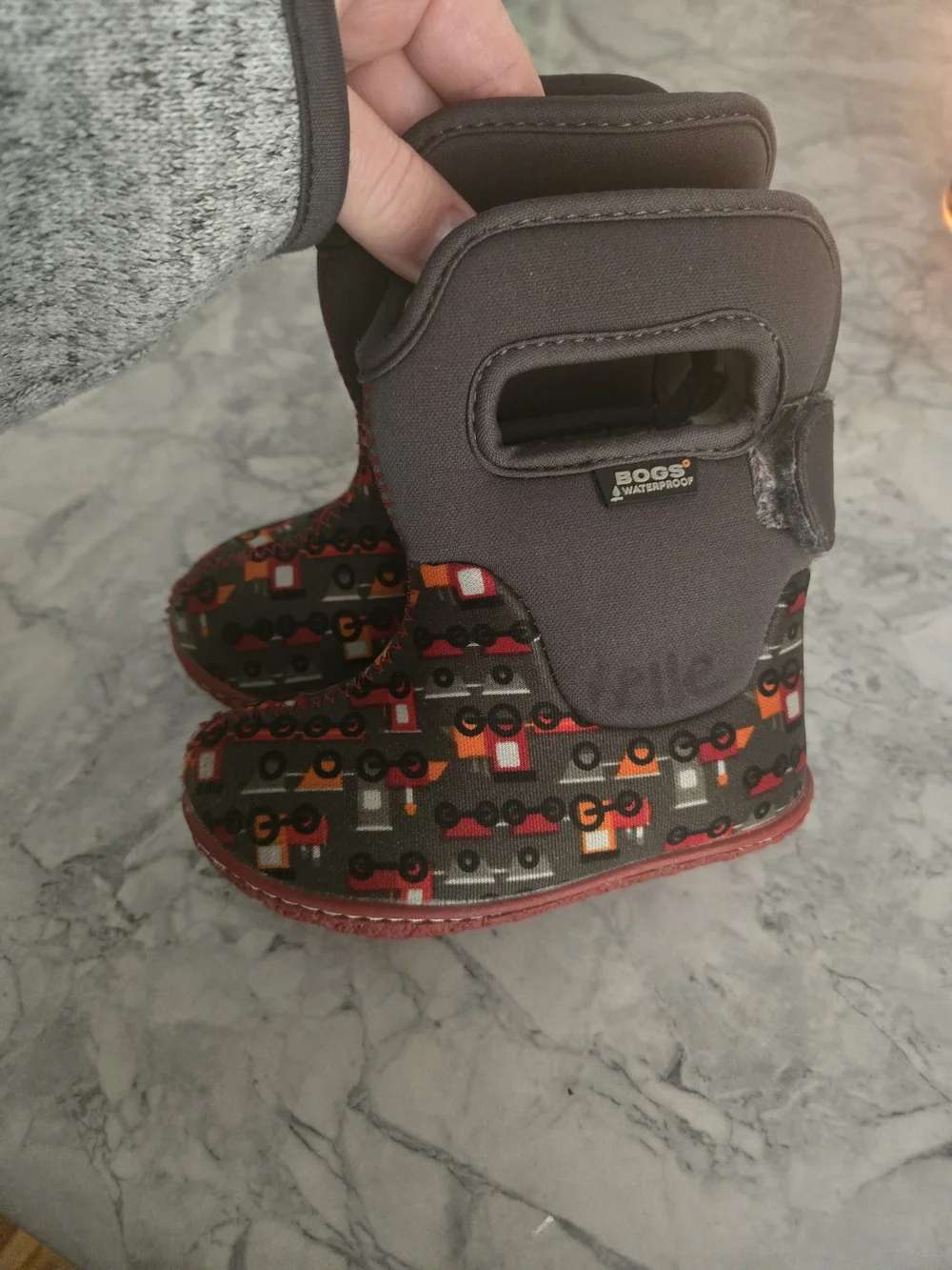 Bogs Kids Black Boots with Red and Orange Tractor Pattern